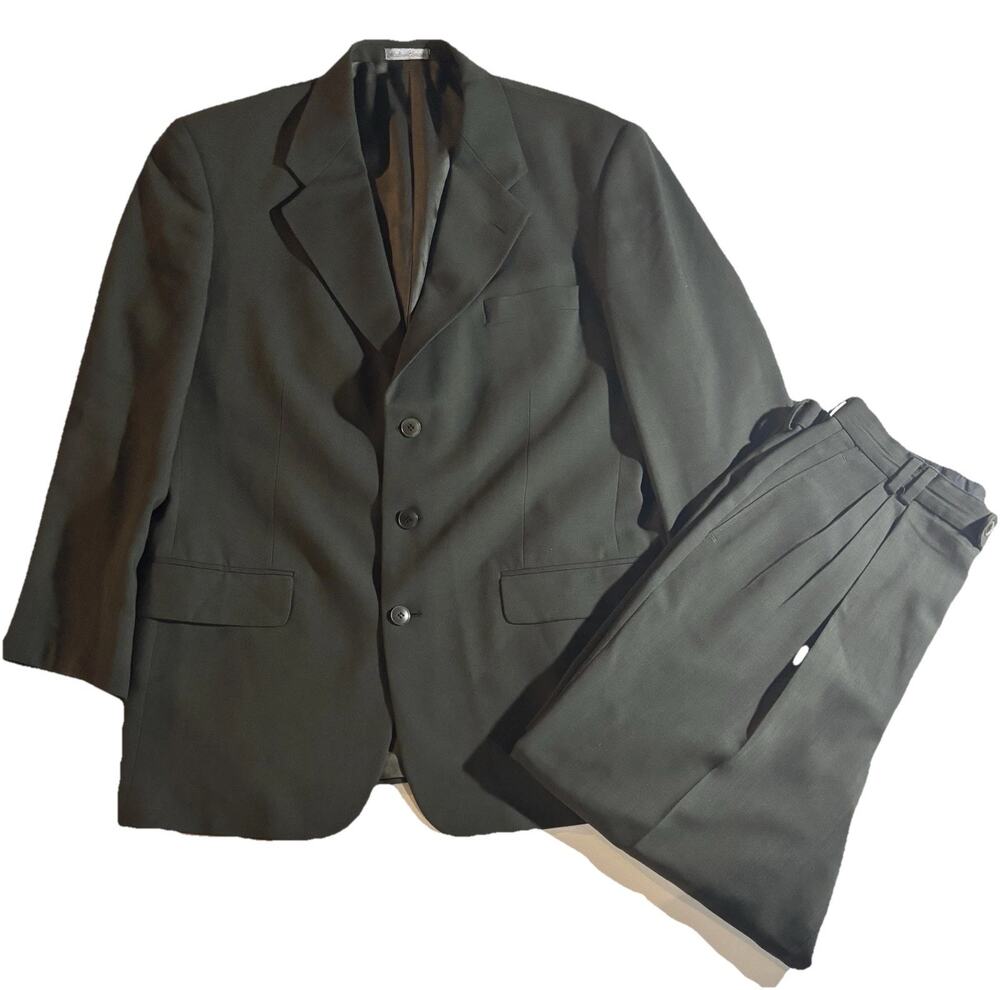 Bachrach Men’s 2 Piece Wool Suit 47R Pants 36x25 Dark Green Single Breasted